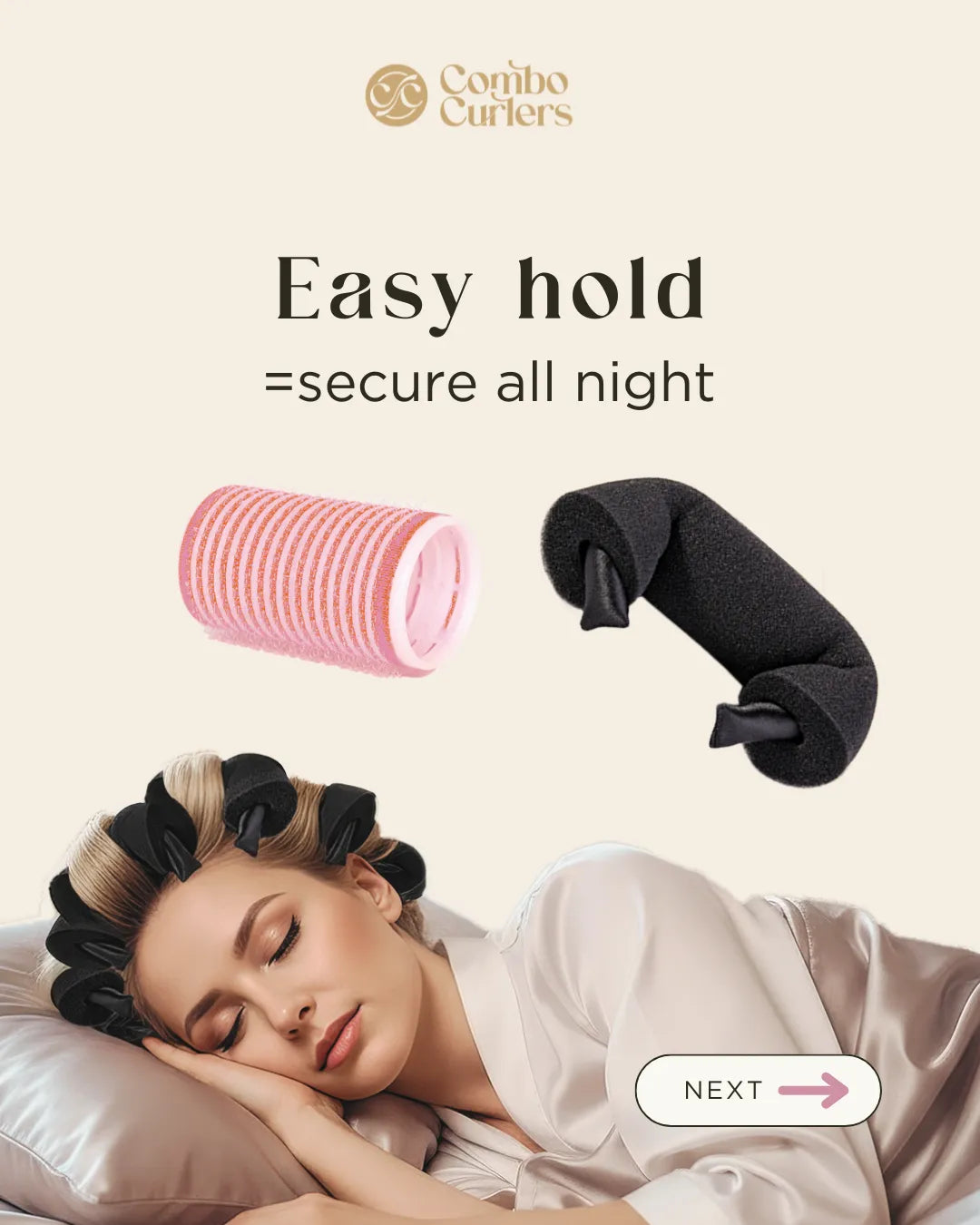 Woman sleeping with Corinbo Curlers on her head, featuring pink and black rollers.