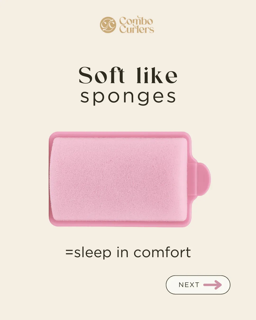 Pink hair roller with text 'Soft like sponges = sleep in comfort' on a beige background
