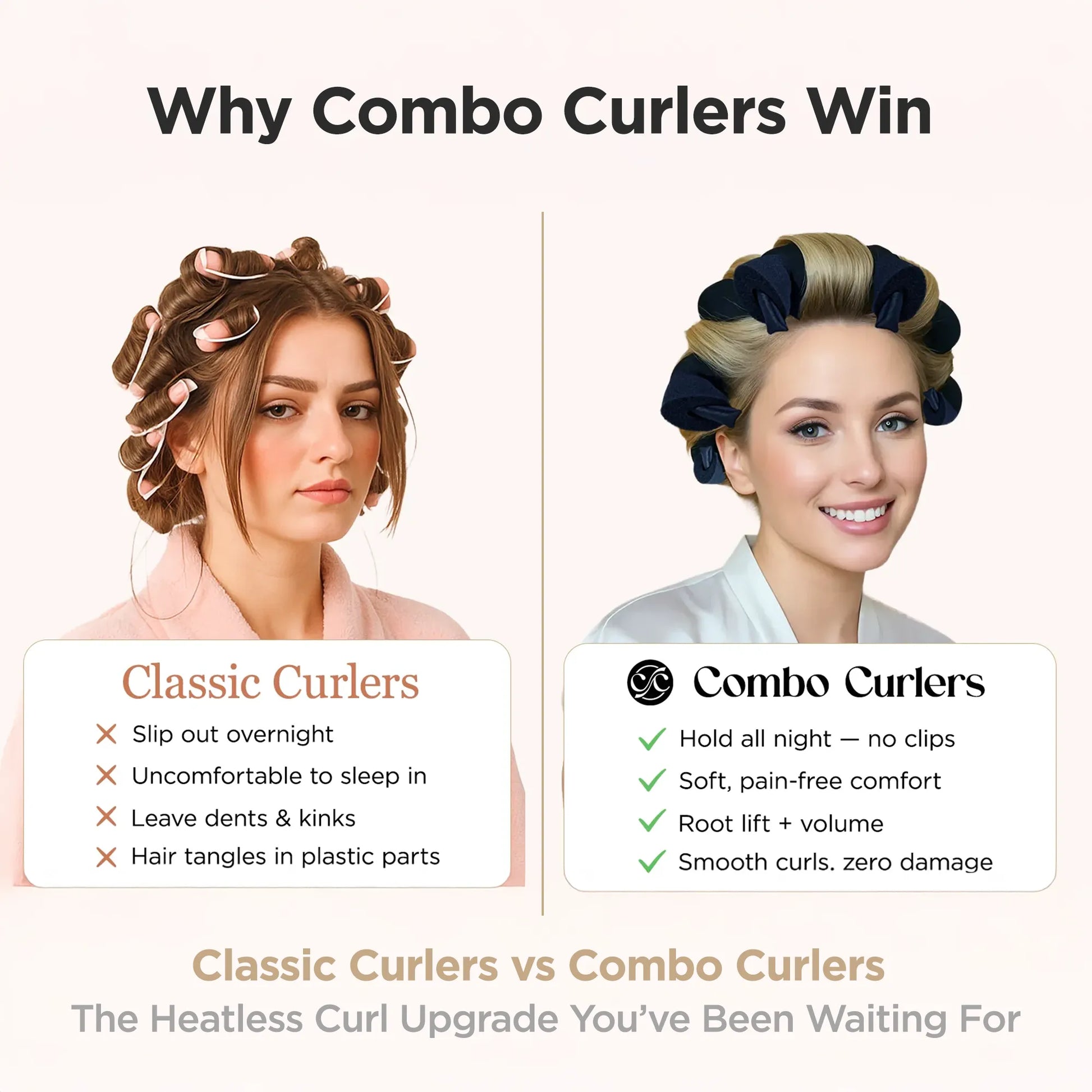 Comparison of classic curlers and combo curlers with two women wearing different types of curlers.
