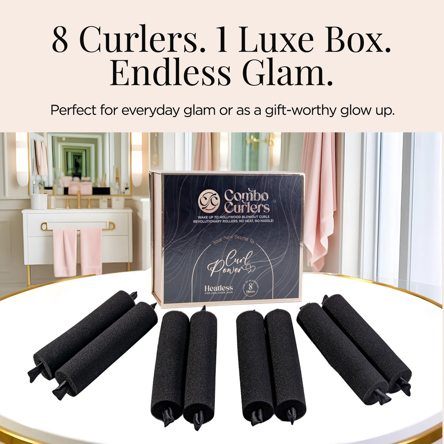 Set of curlers with a branded box on a table, with text about the product.