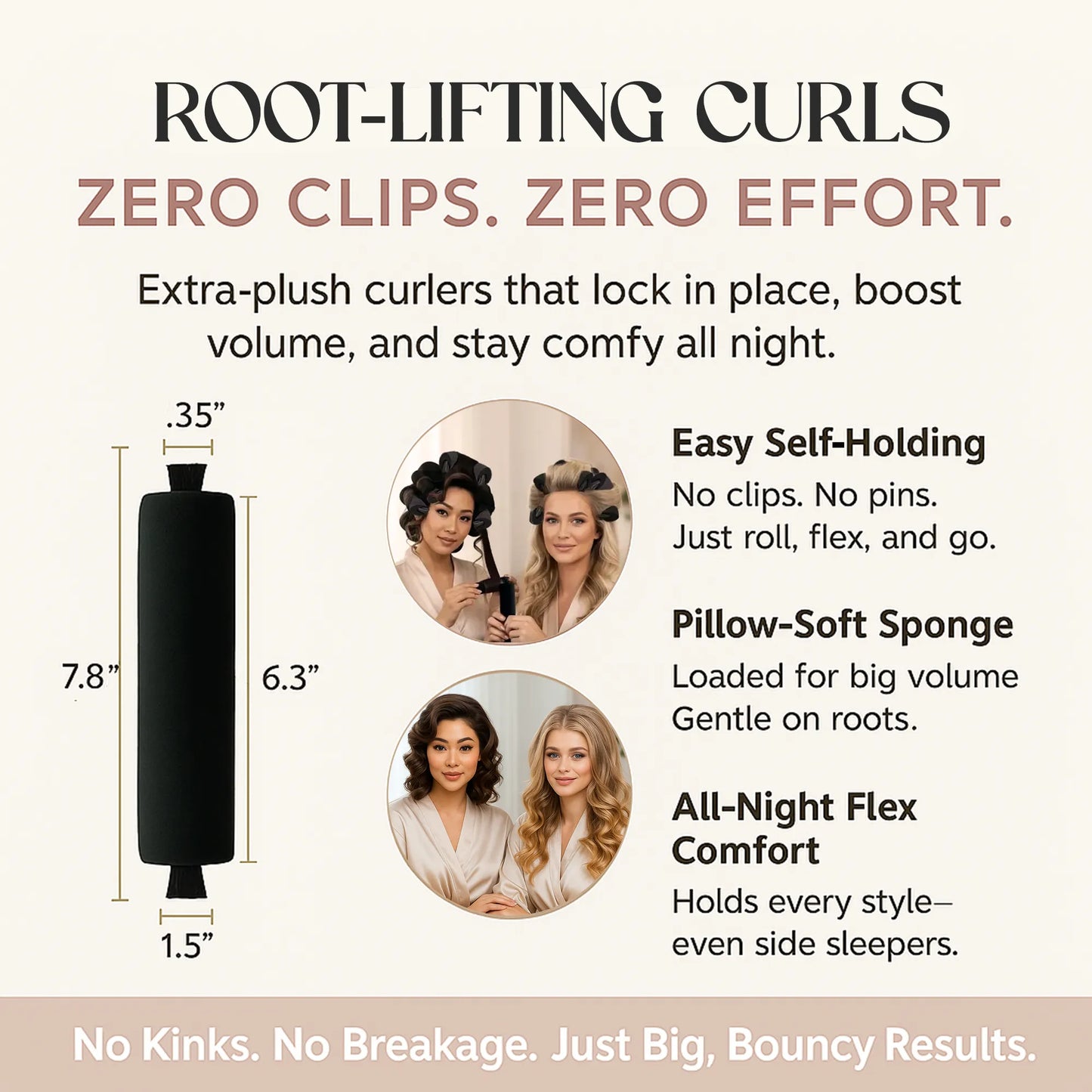 Hair curler with features and benefits on a white background