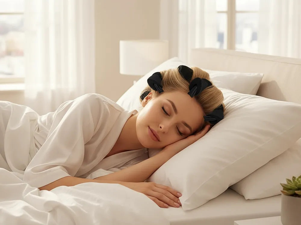 Woman sleeping in bed with hair in rollers, wearing a robe in a softly lit bedroom.