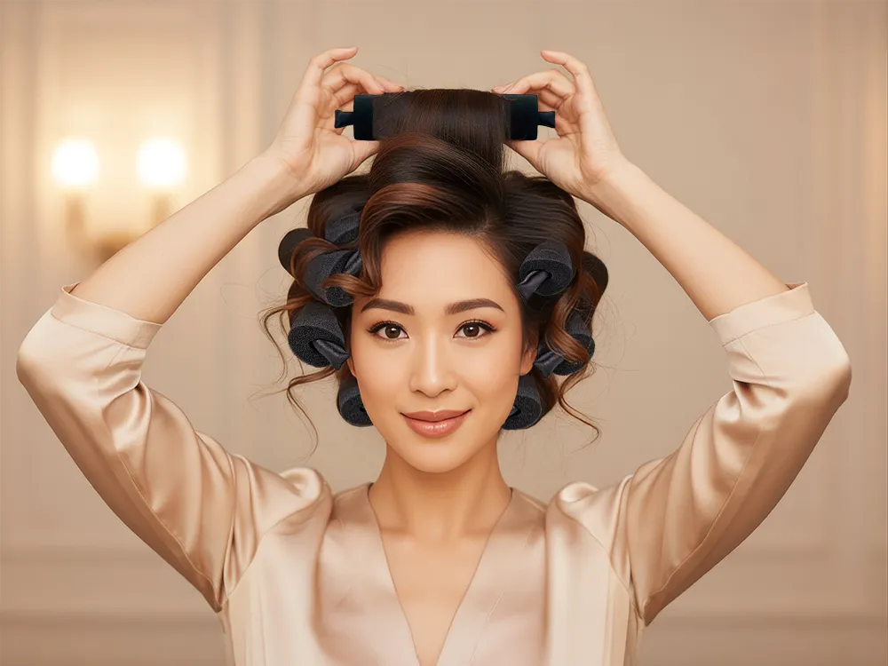 Woman with hair in rollers wearing a satin robe against a neutral background