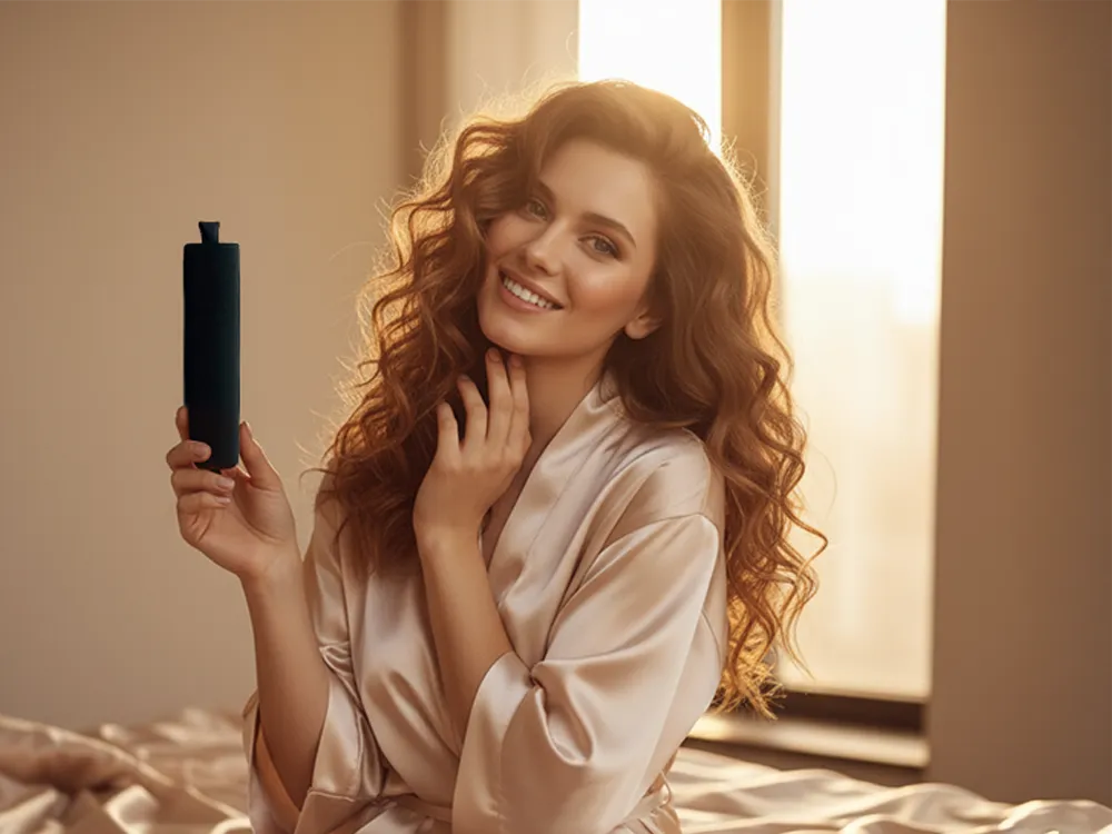 Woman in a satin robe holding a Combo Curlers heatless hair curling product in a softly lit room.
