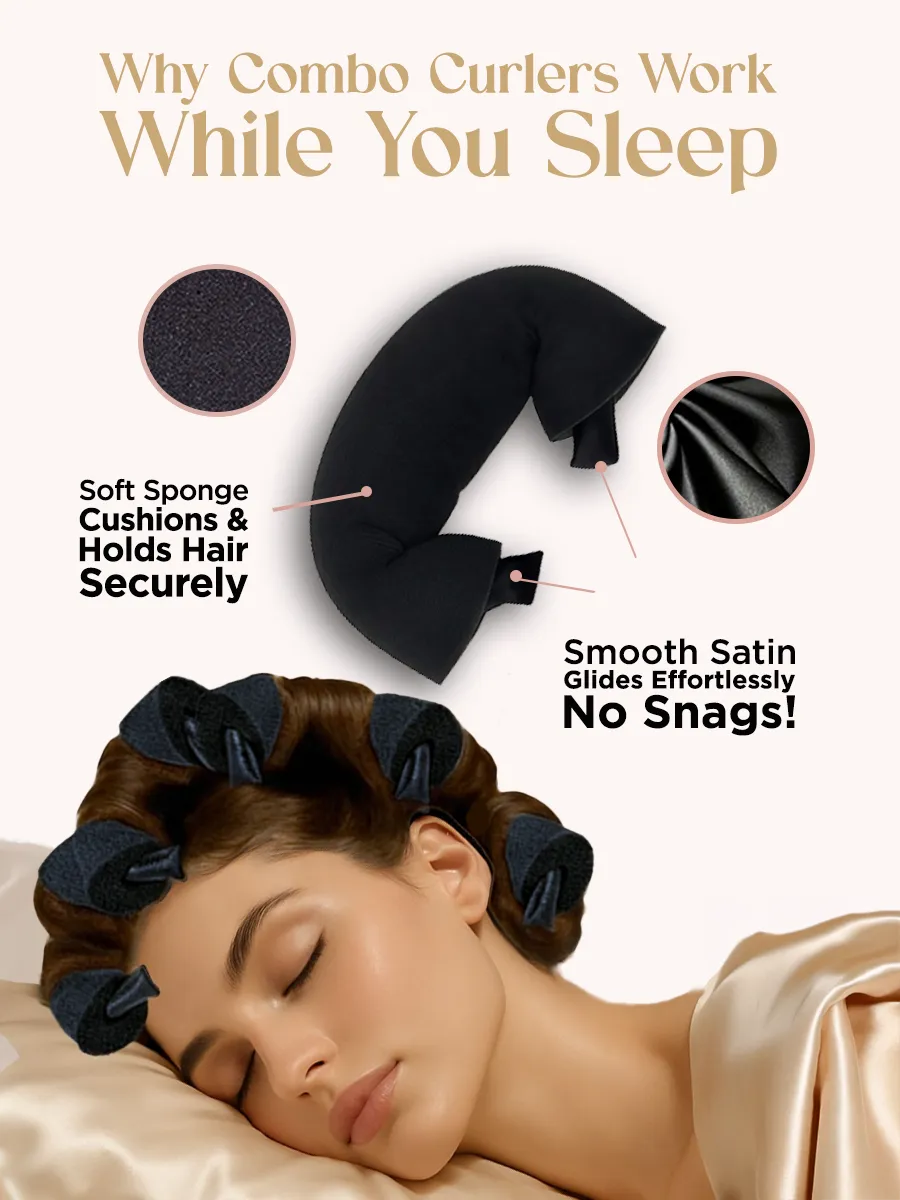 Advertisement for combo curlers with a woman sleeping, highlighting features like soft sponge cushions and satin material.