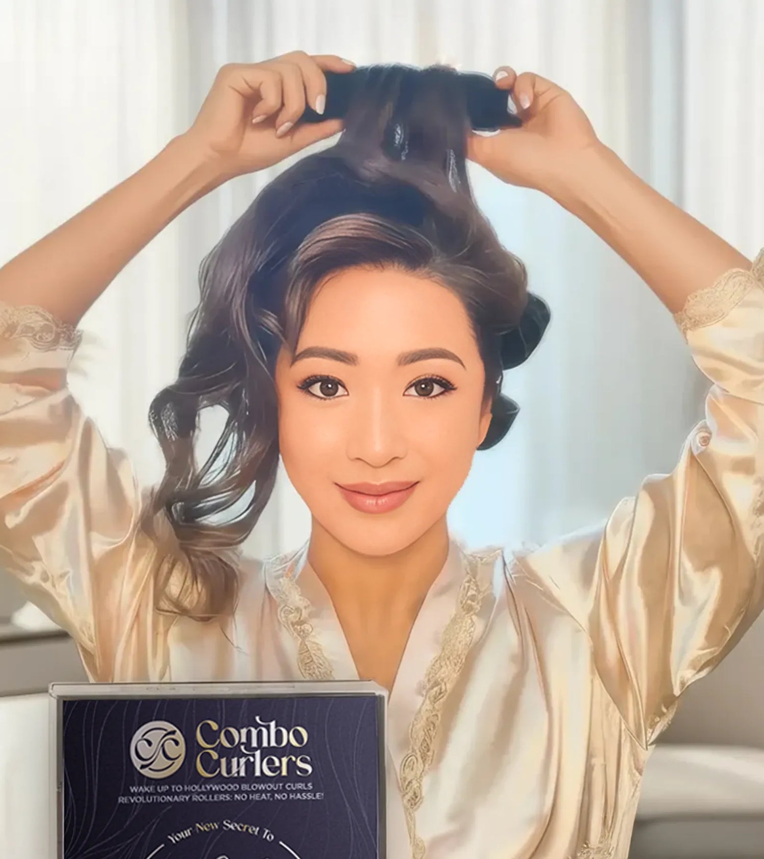 Woman styling her hair with a product called 'Combo Curlers' in front of a white curtain.