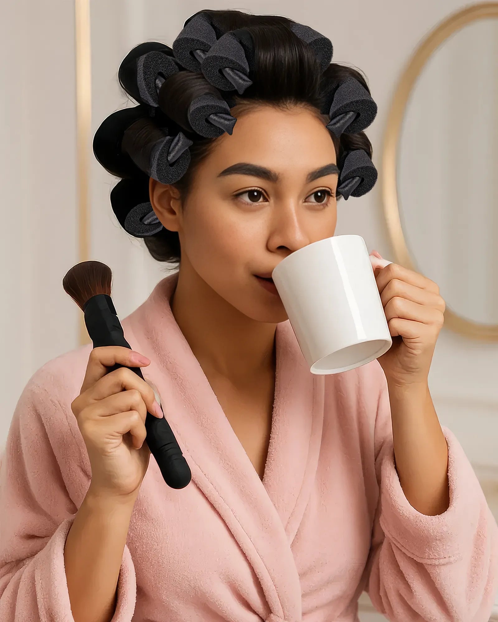 Woman in a pink robe with hair in curlers, holding a white mug and makeup brush.