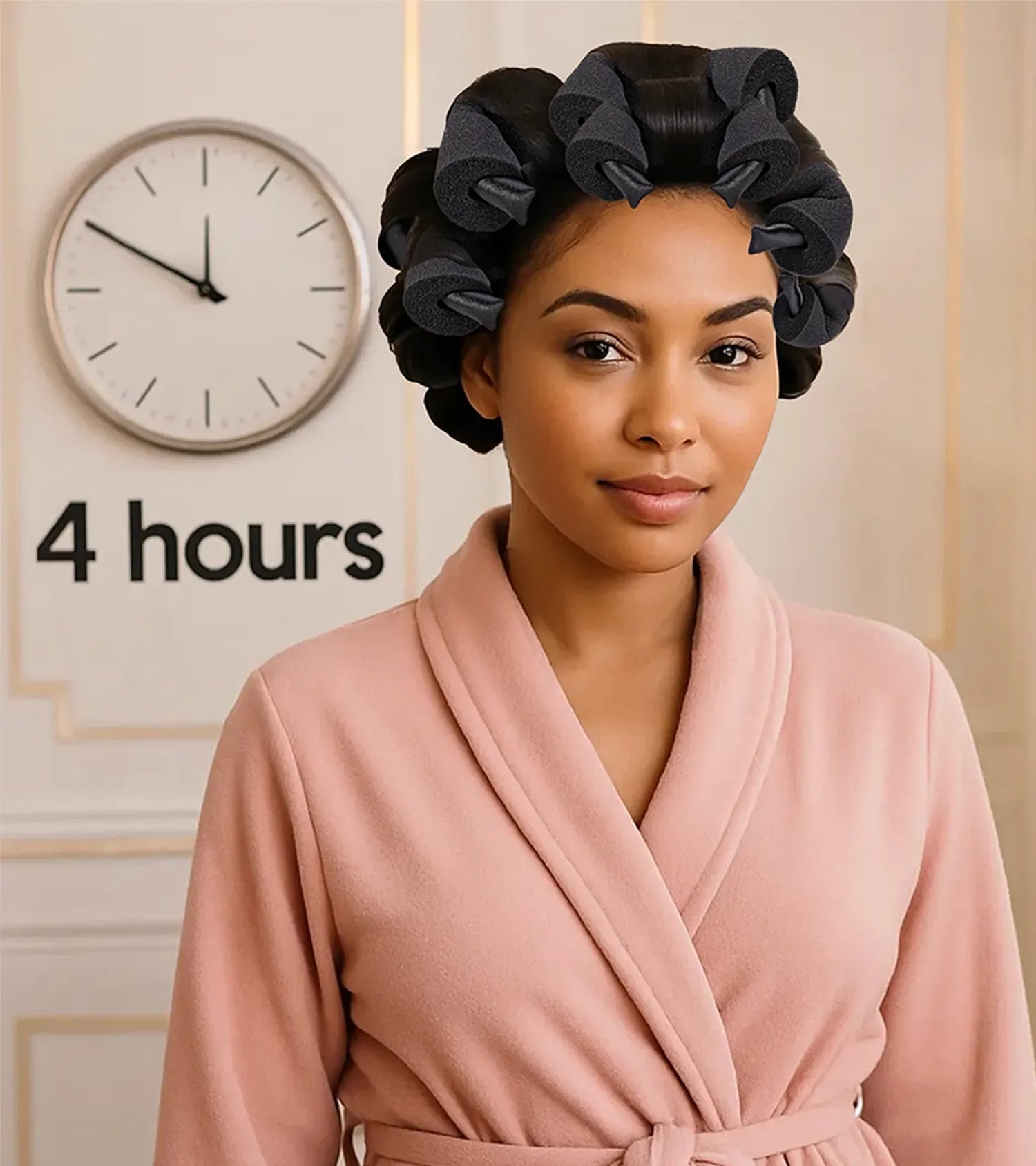 Woman in a pink robe with hair in rollers, clock in the background with '4 hours' text.