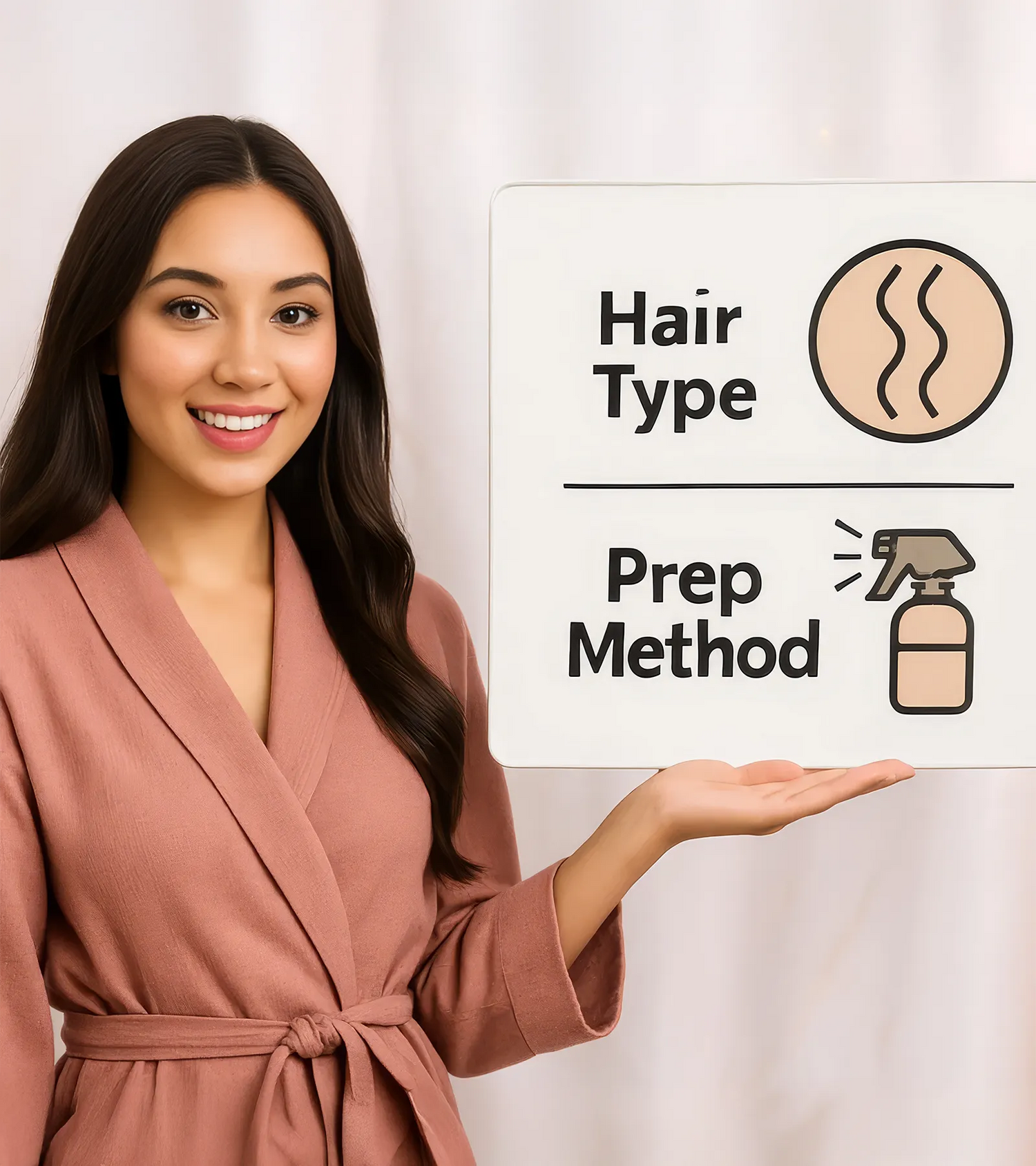 Woman in a robe with text on hair type and prep method