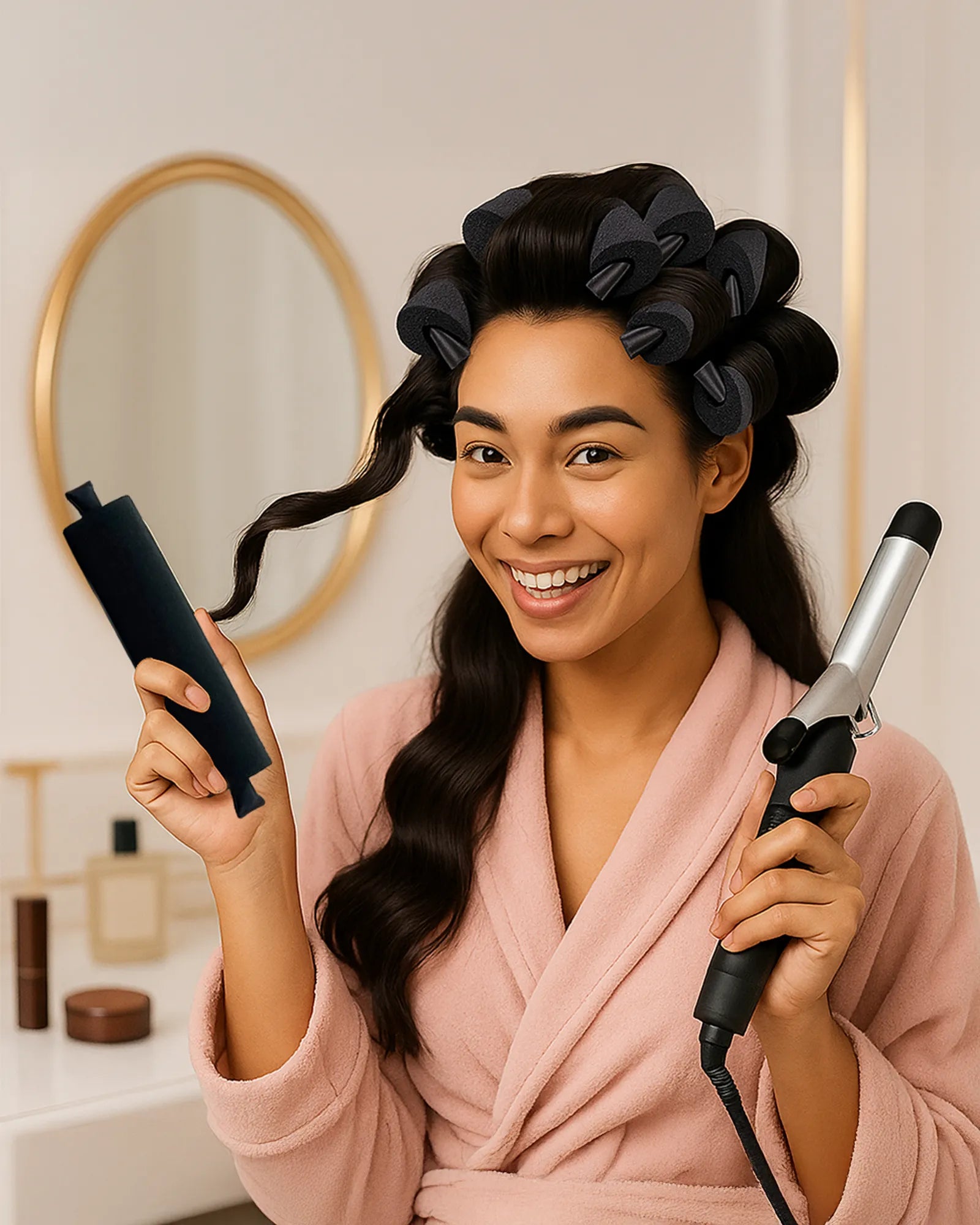Woman in a pink robe holding two hair styling tools in a bathroom setting.