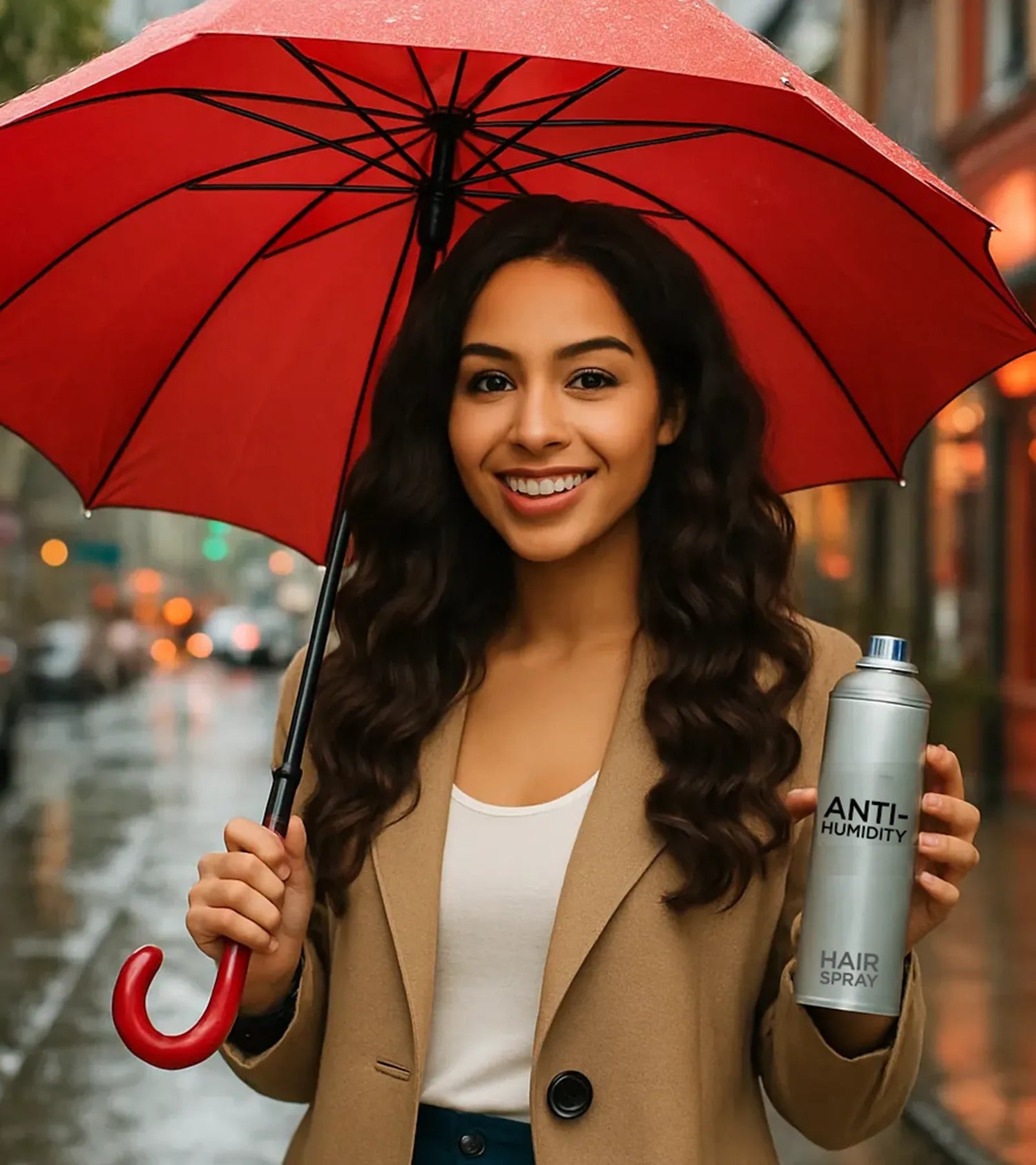 Woman holding a red umbrella and a can of hair spray on a rainy street.