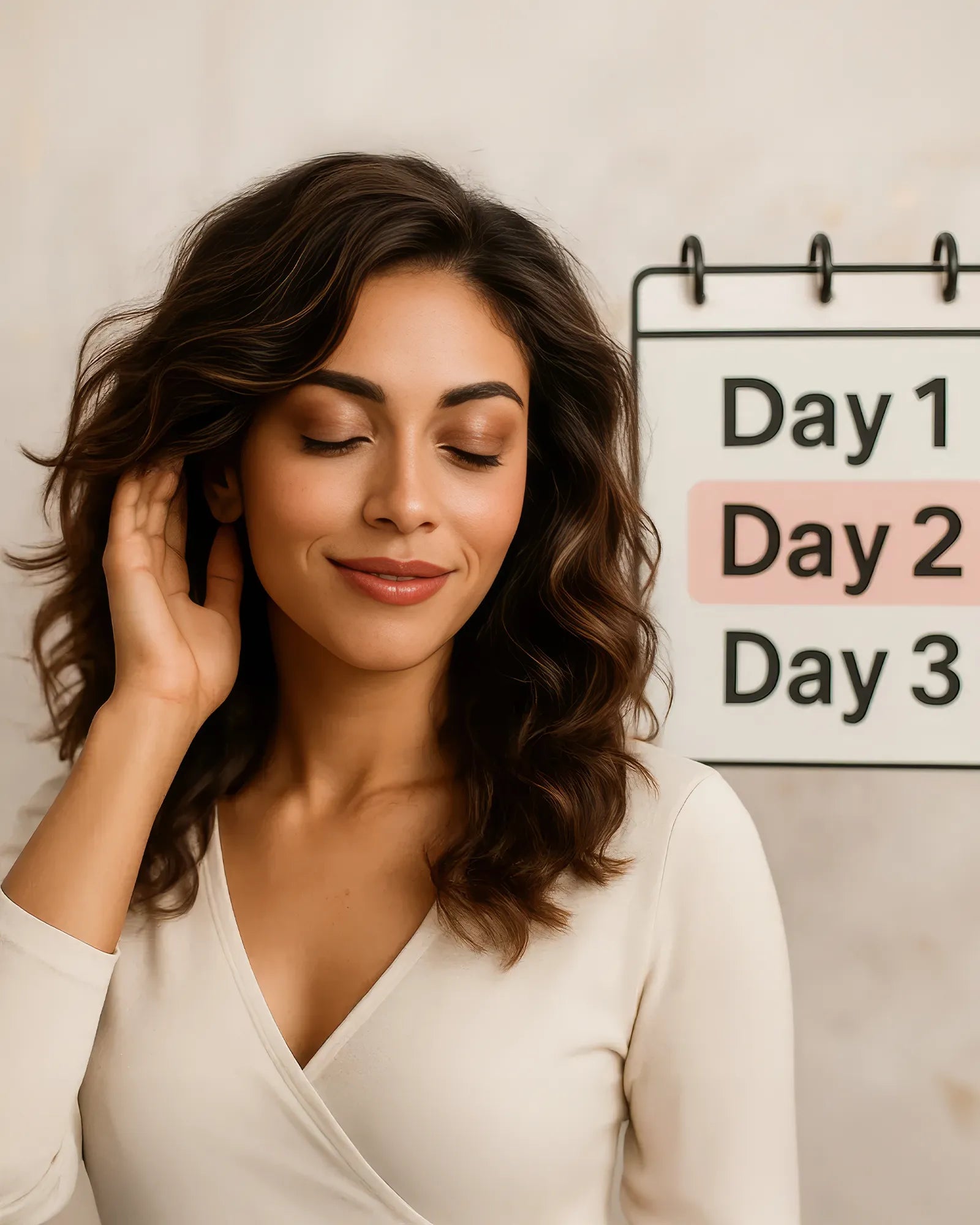 Woman with styled hair against a wall with 'Day 1', 'Day 2', and 'Day 3' signs.