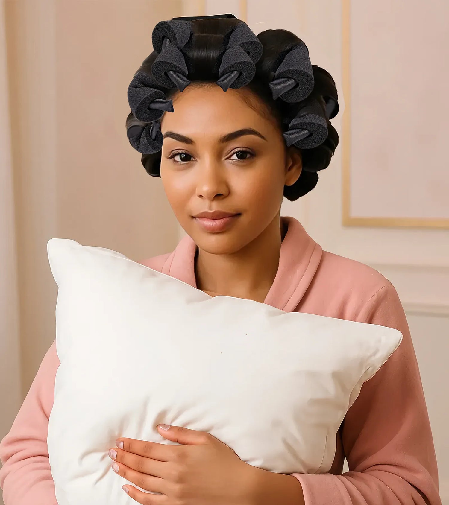 Woman with hair in rollers holding a pillow in a home setting