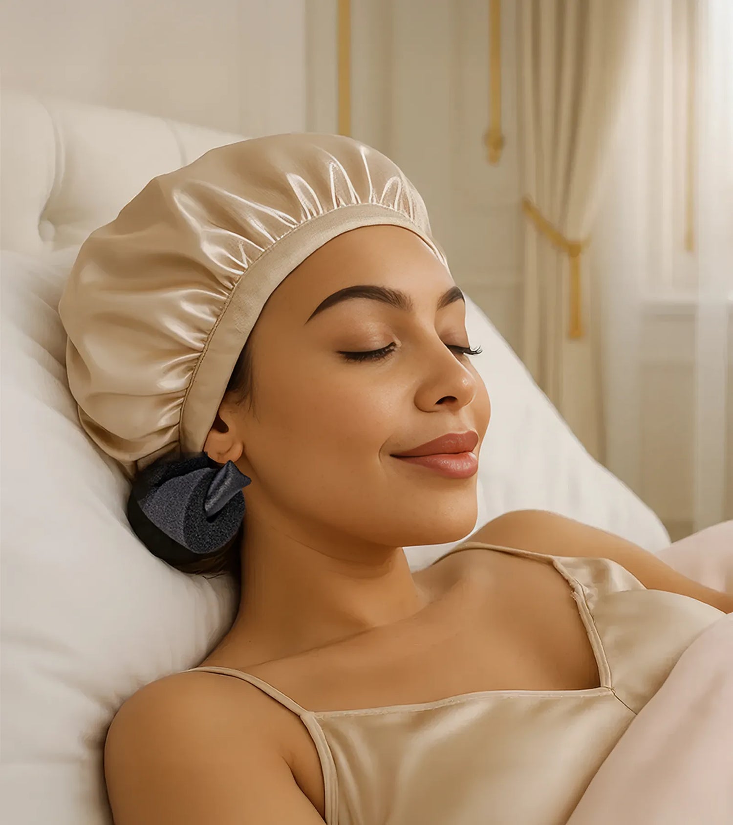Woman wearing a beige satin bonnet in a bedroom setting