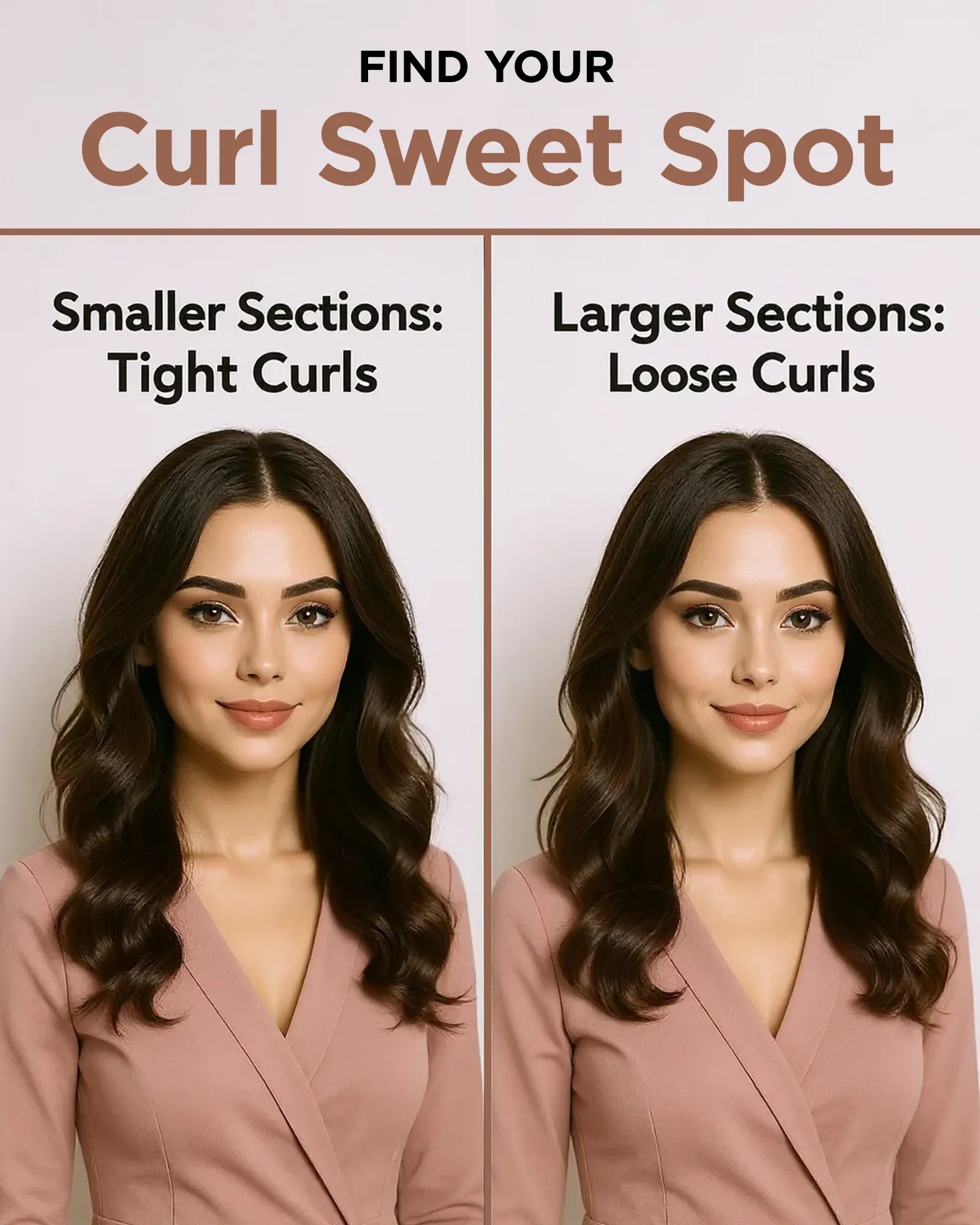 Two images of a woman with different curl styles labeled 'Smaller Sections: Tight Curls' and 'Larger Sections: Loose Curls'.