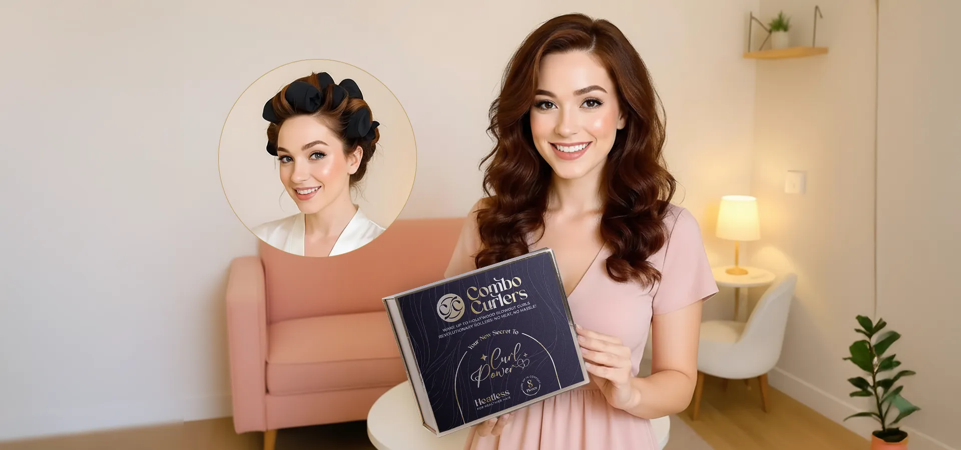Woman holding a book titled 'Curling Irons' in a home setting.