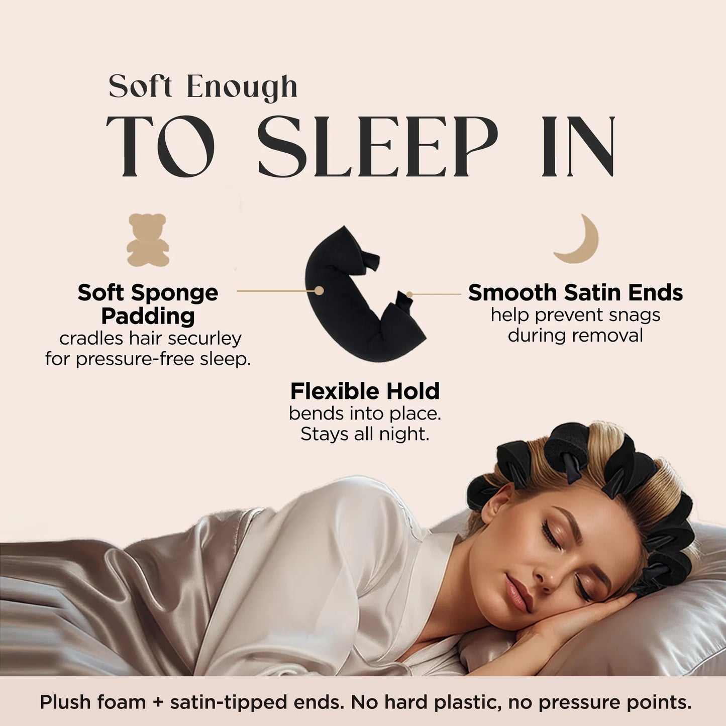 Woman with hair in rollers lying down, with text about product features on a beige background