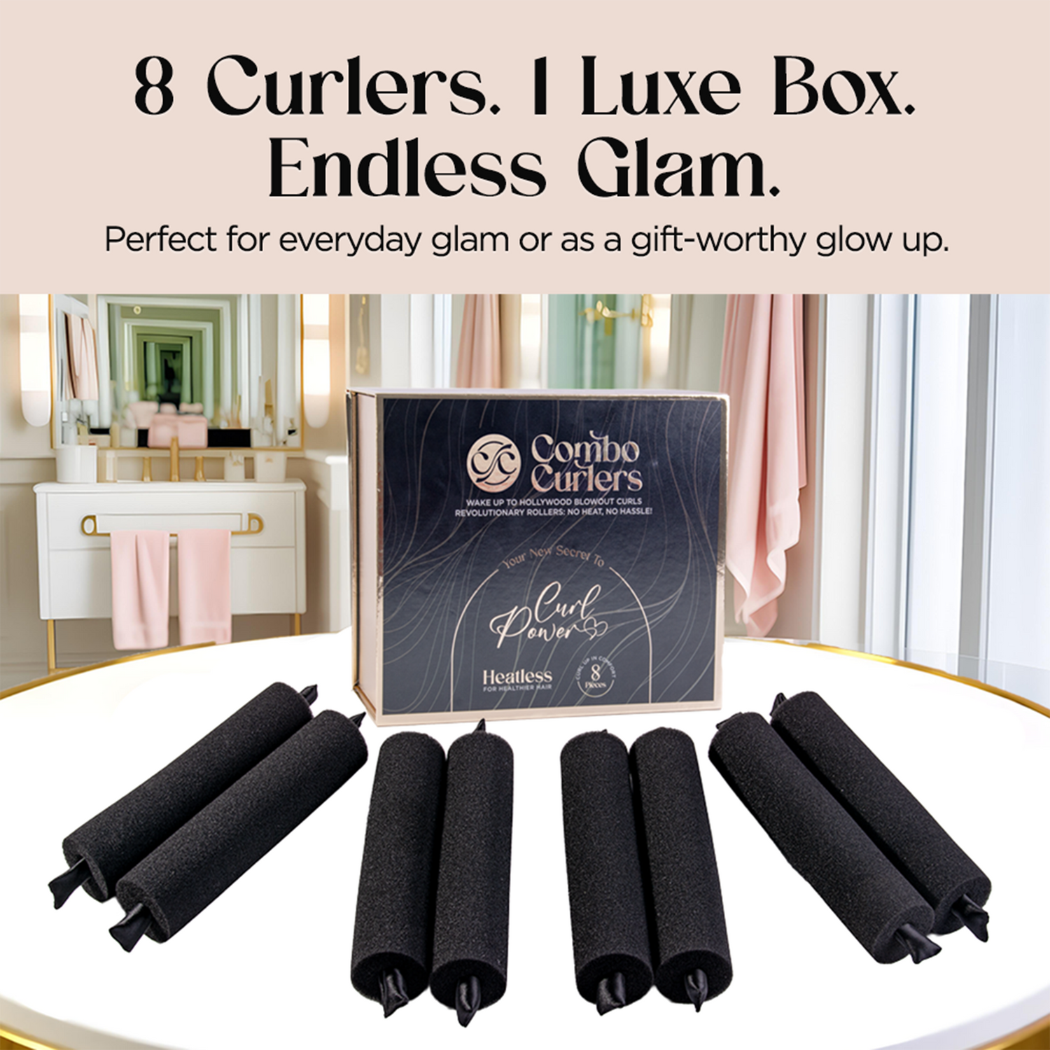 Set of black curlers with a Comba Curls box on a white surface, with text about glam and gift-worthiness.