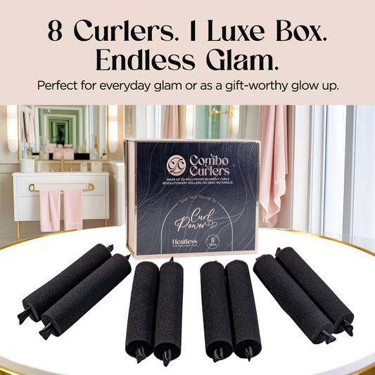 Set of black curlers with a Comba Curls box on a white surface, with text about glam and gift-worthiness.