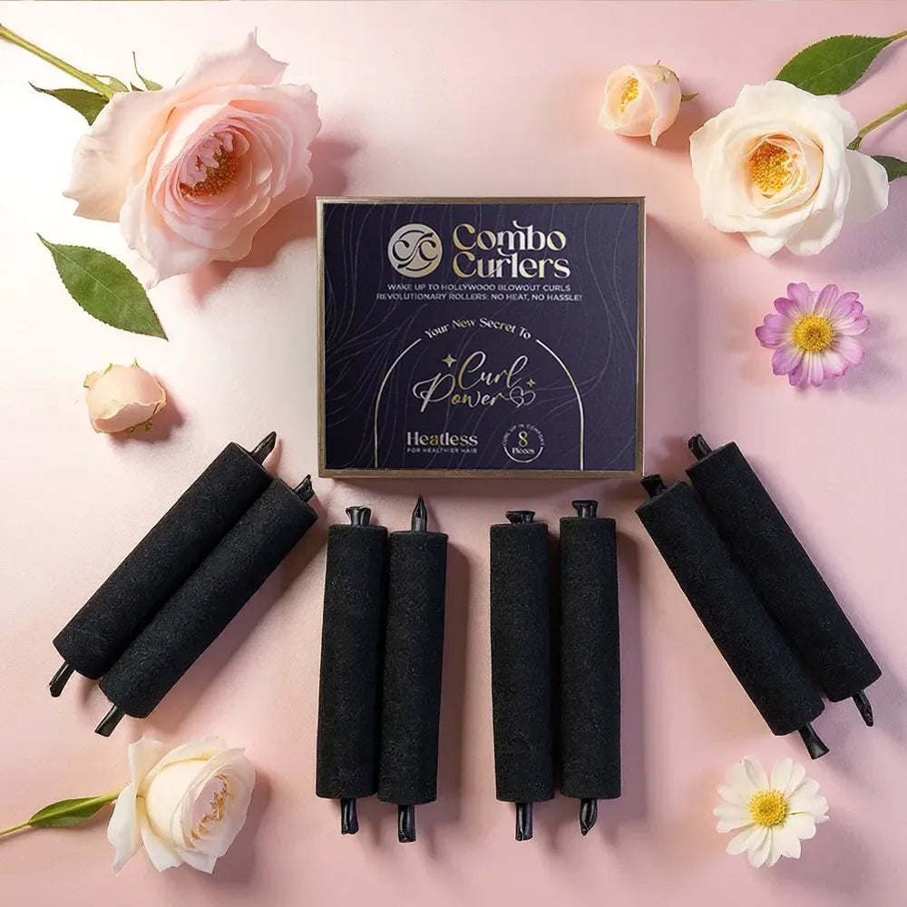 Combo Curlers set with packaging on a pink background with flowers