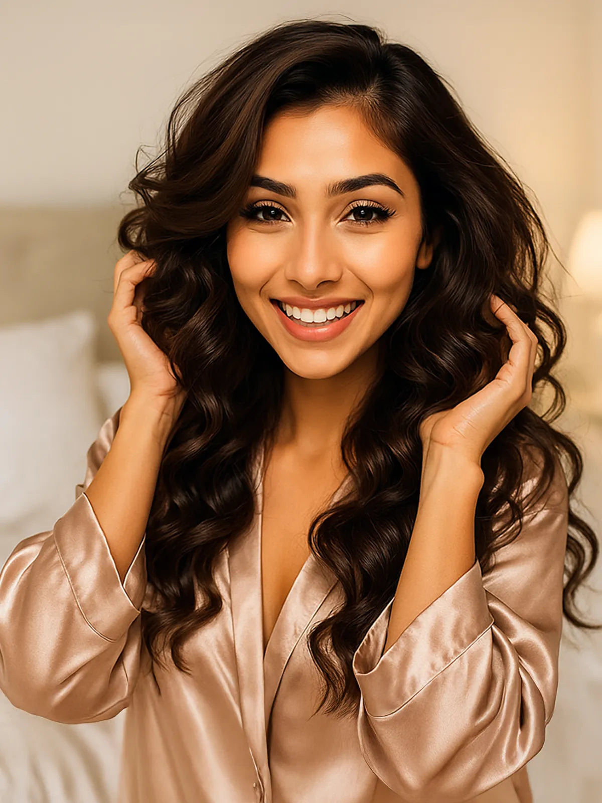 Woman with long, wavy hair wearing a satin robe indoors.