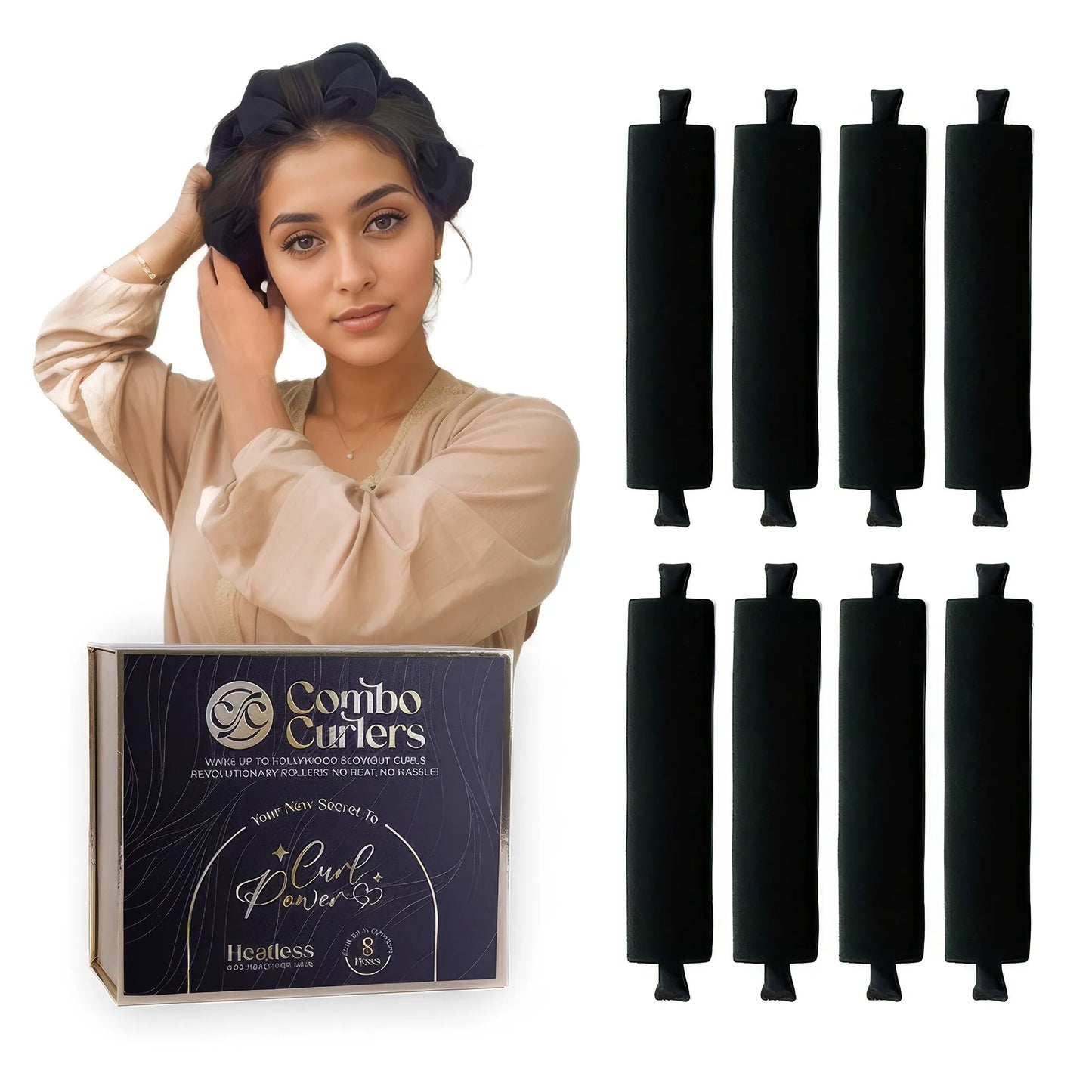 Woman with hair styling tools and a box labeled 'Combo Curlers' on a white background