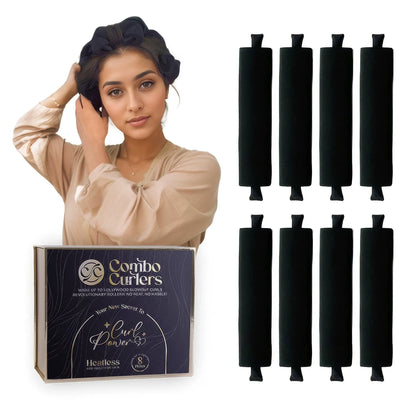 Woman with hair styling tools and a box labeled 'Combo Curlers' on a white background