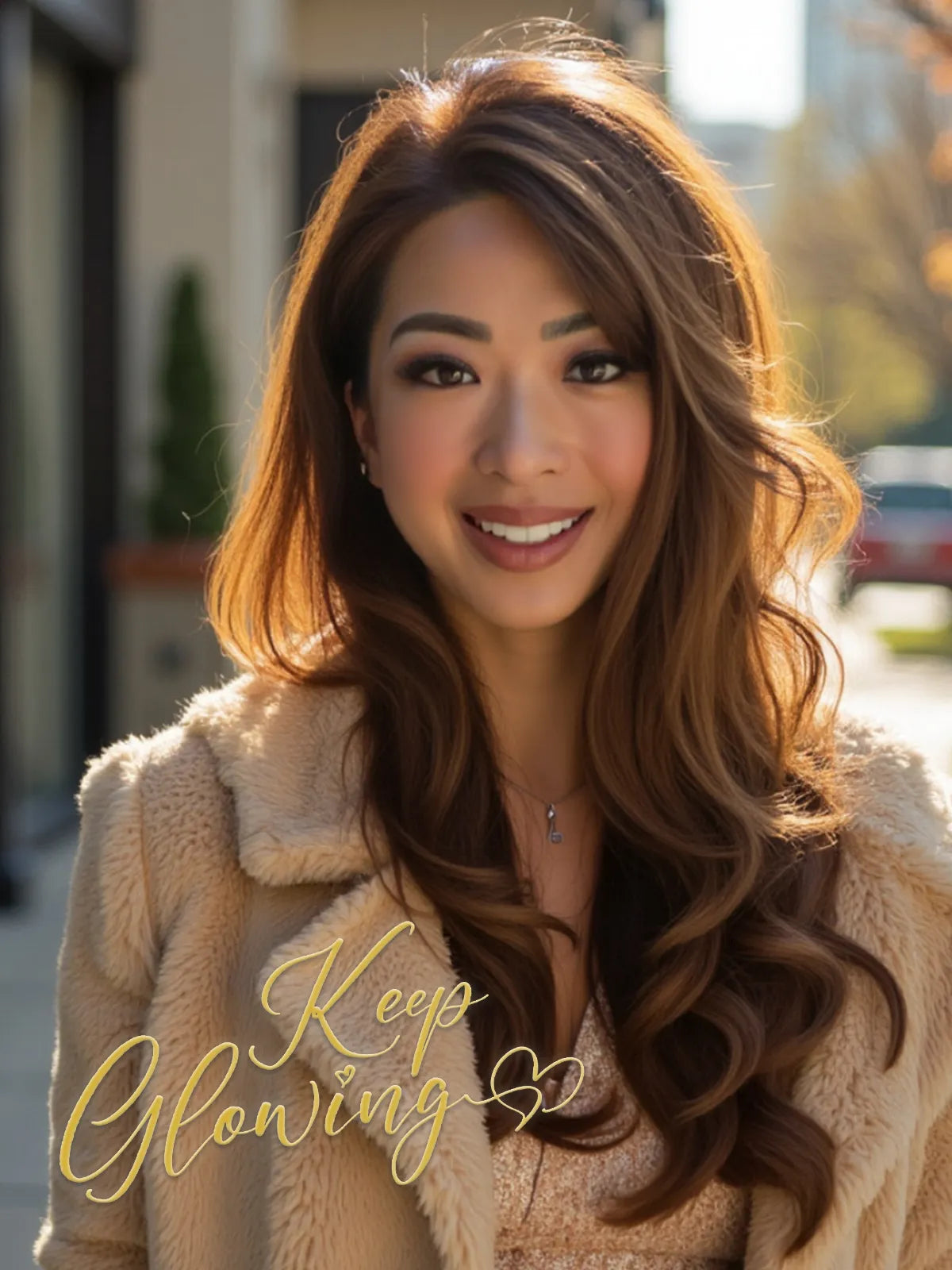 Woman with styled hair wearing a beige coat with 'Keep Glowing' text overlay.