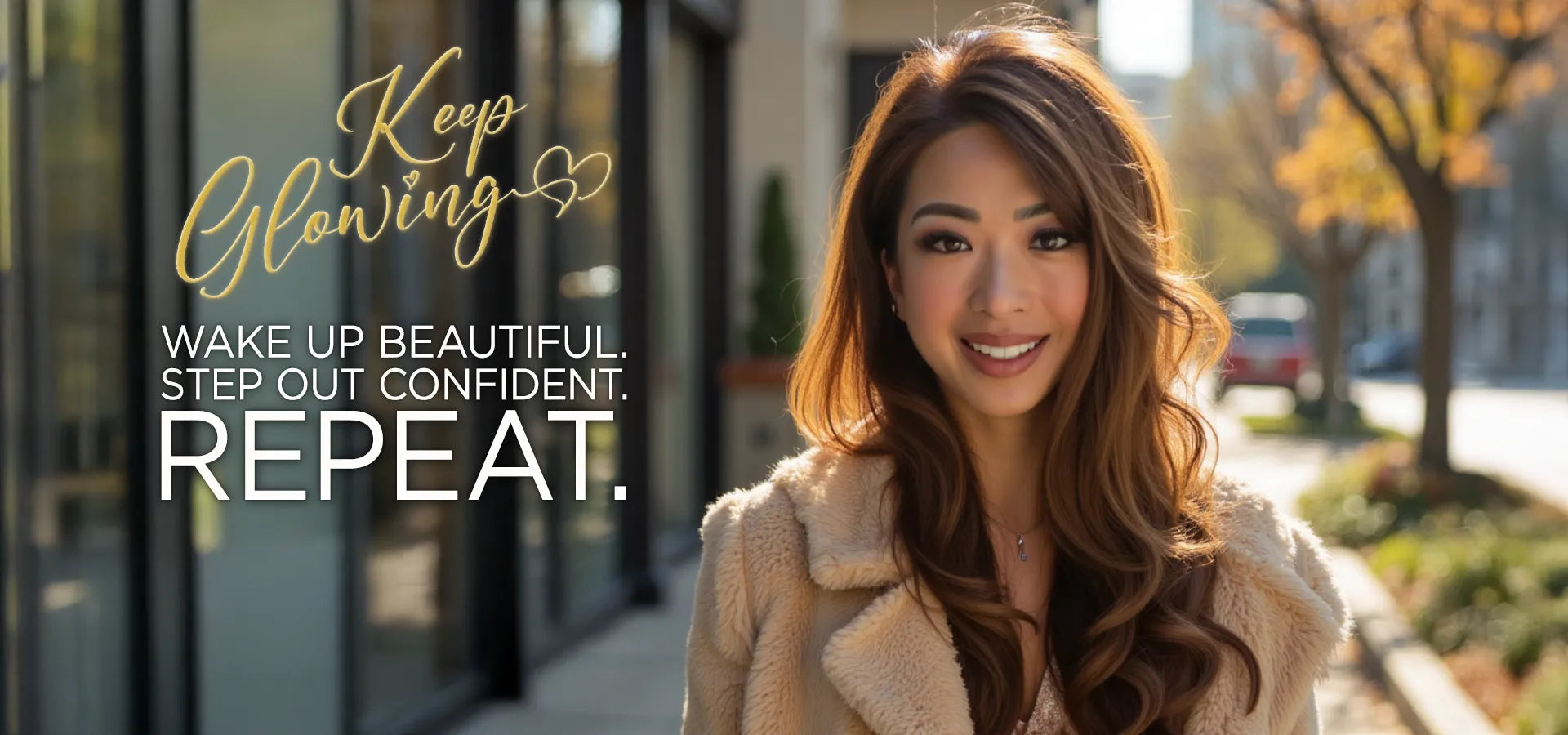 Woman standing outdoors with motivational text overlay