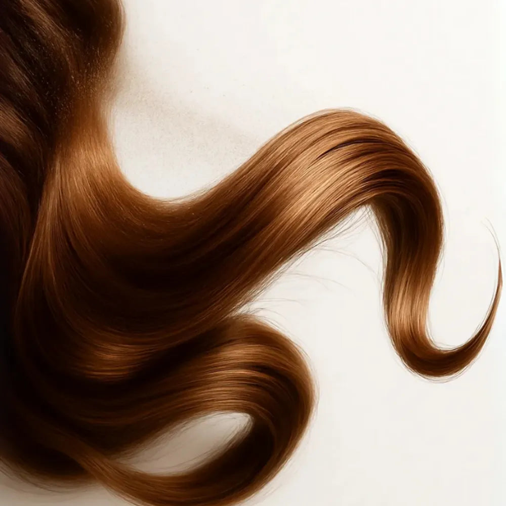 Close-up of wavy brown hair on a light background