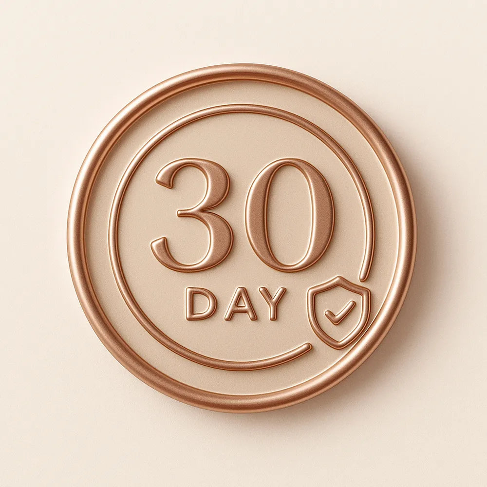 Bronze-colored '30 Day' badge with a checkmark on a beige background
