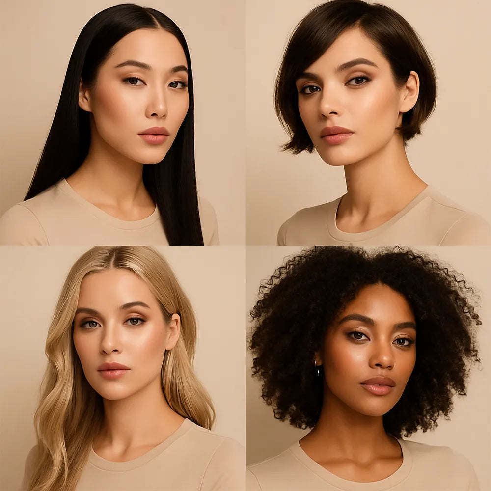 Four women with different hair types and colors against a beige background
