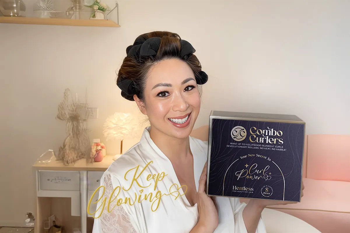 Woman with styled hair holding a box of Combo Curlers with 'Keep Glowing' text.