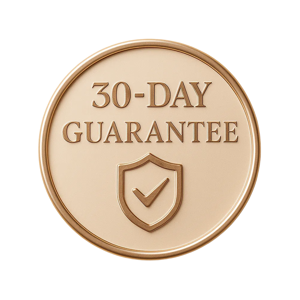 Gold coin with '30-Day Guarantee' text and shield emblem on a white background