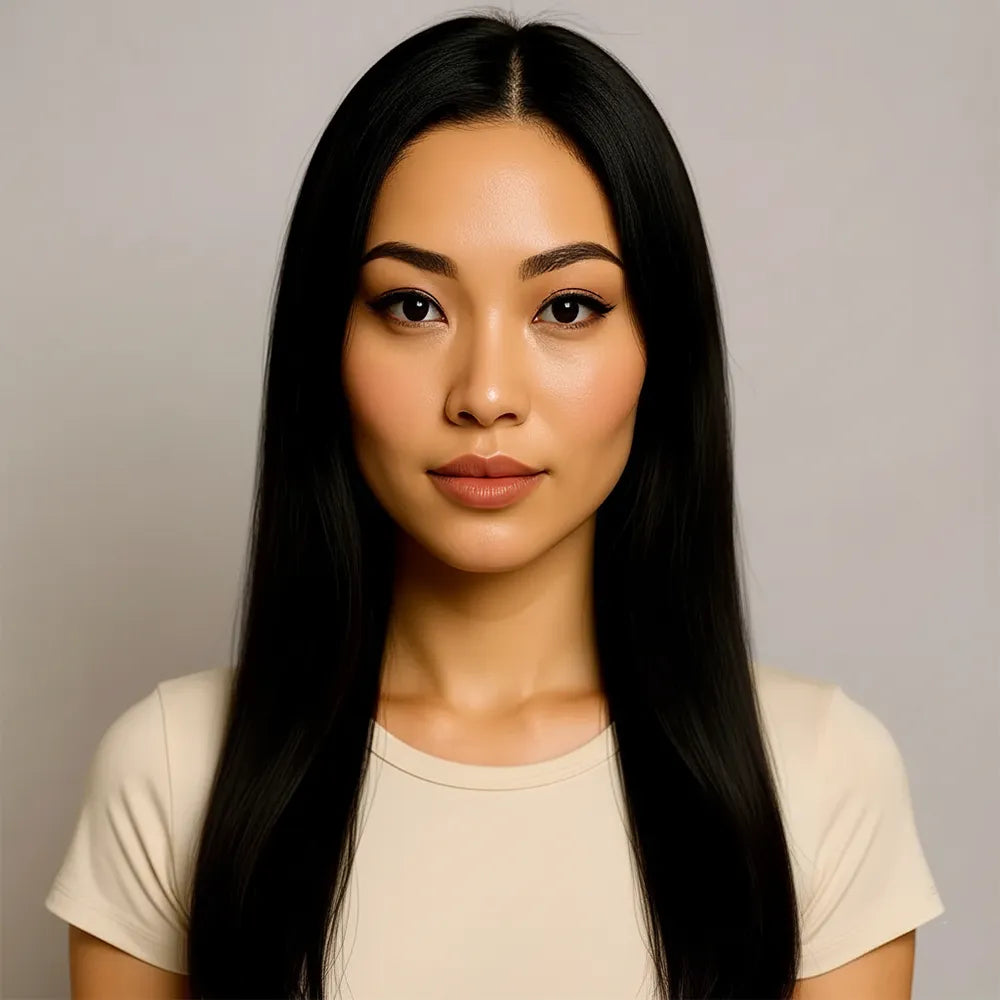 Woman with long black hair wearing a beige shirt against a plain background