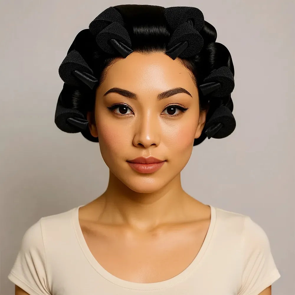 Woman wearing a black hair bonnet against a plain background