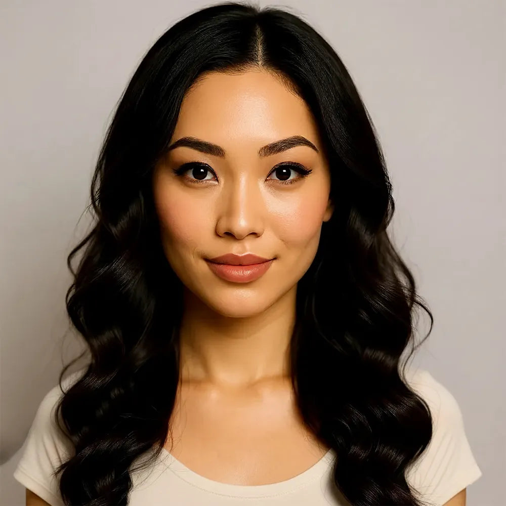Woman with long, wavy black hair against a plain background