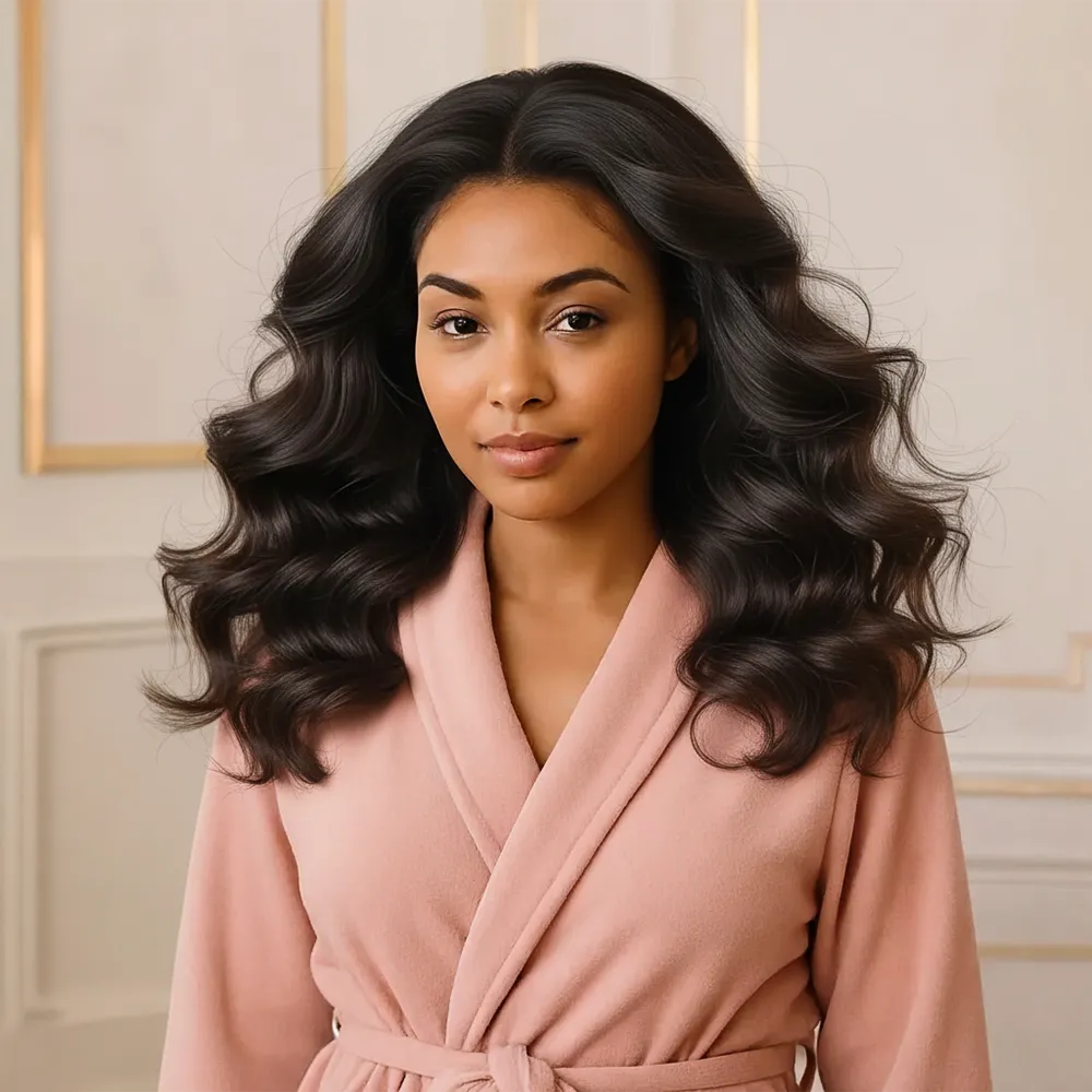 Woman wearing a pink robe with a neutral background