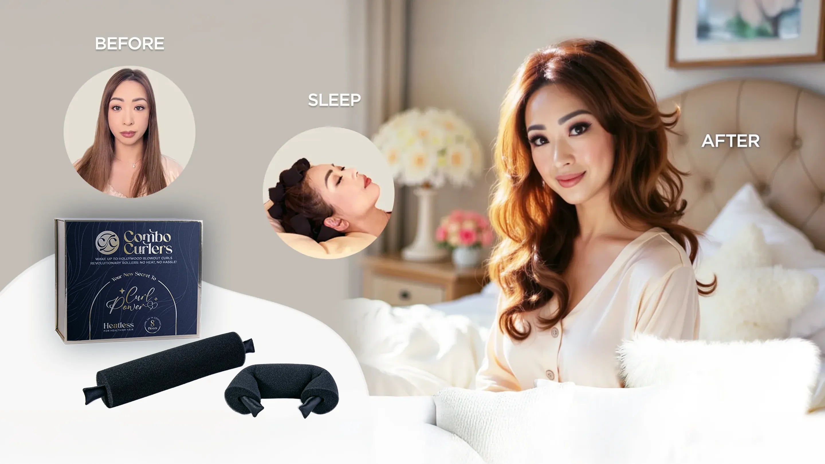 Before, during, and after images of a woman using a sleep product with a branded box on a bed.