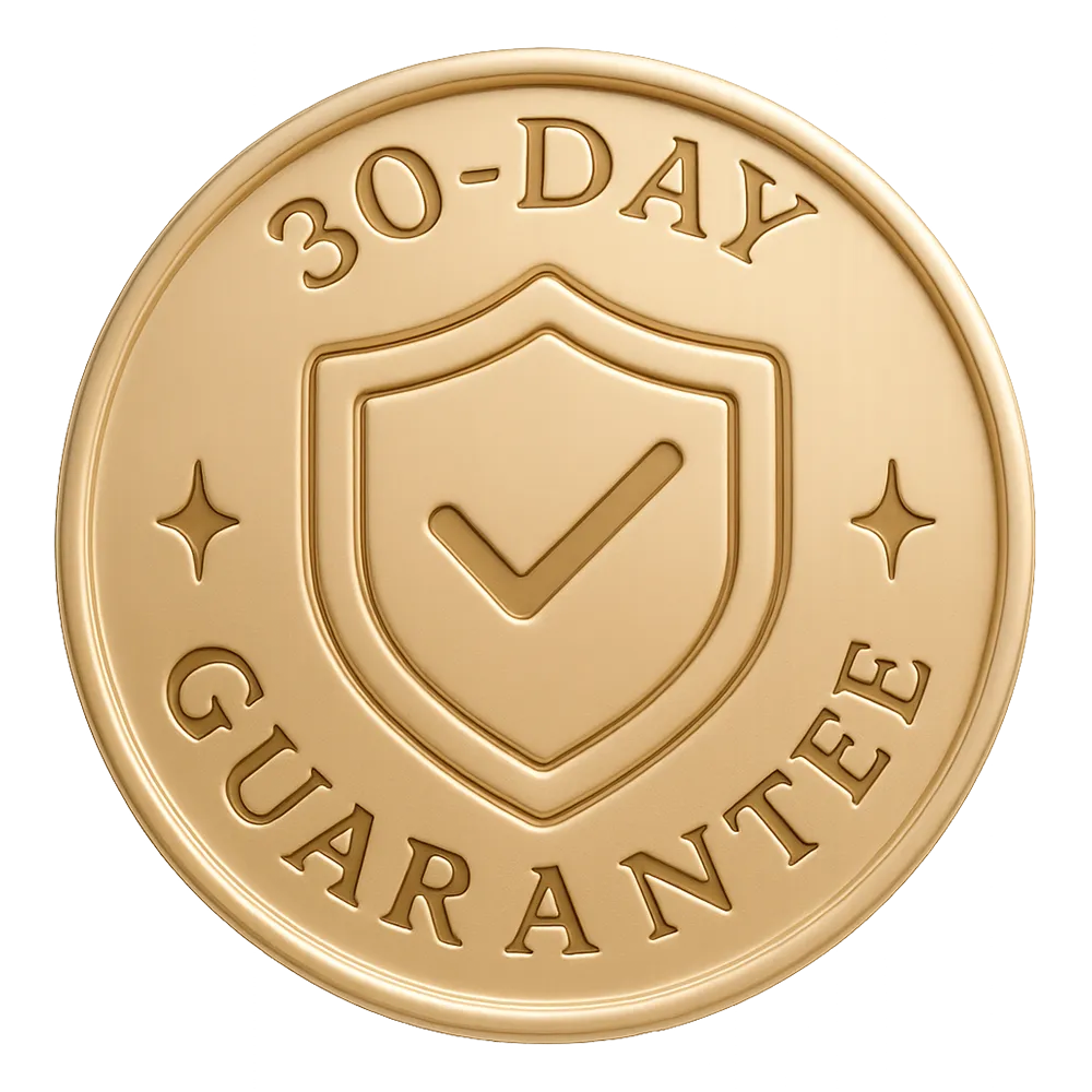 Gold coin with '30-Day Guarantee' text and shield emblem on a white background