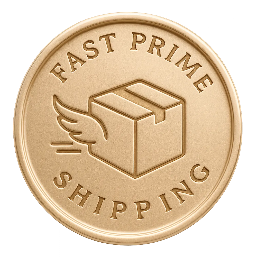 Gold emblem with 'Fast Prime Shipping' text and a box icon on a white background