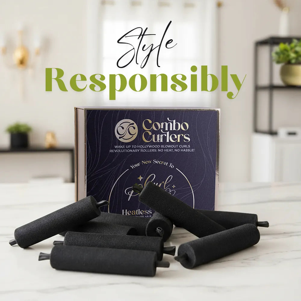 Combo Curlers packaging with black rollers on a light surface, text 'Style Responsibly' above.