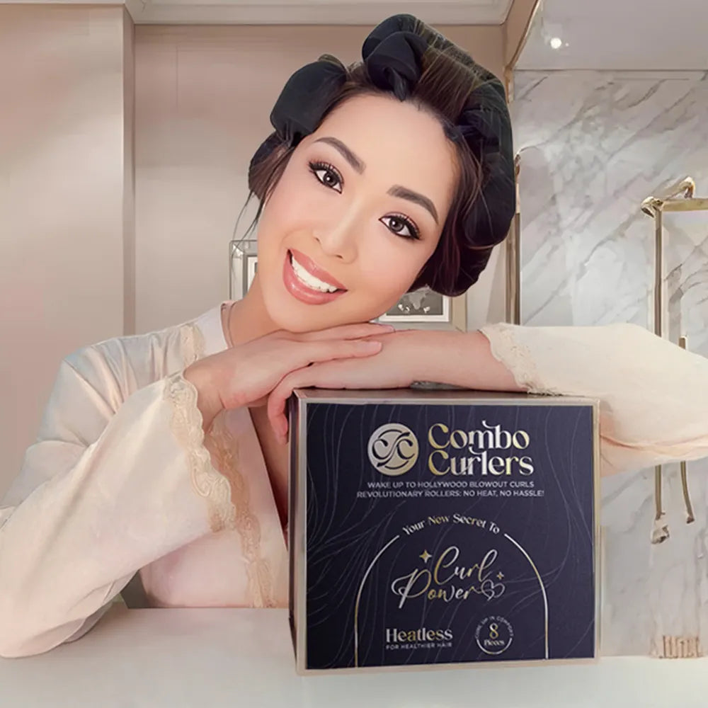 Woman with styled hair leaning on a 'Combo Curlers' box in a bathroom setting