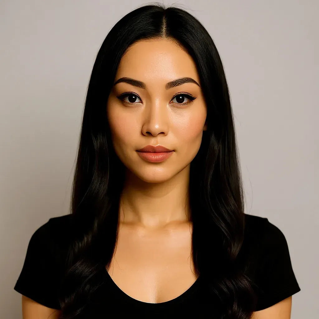Woman with long black hair wearing a black top against a neutral background