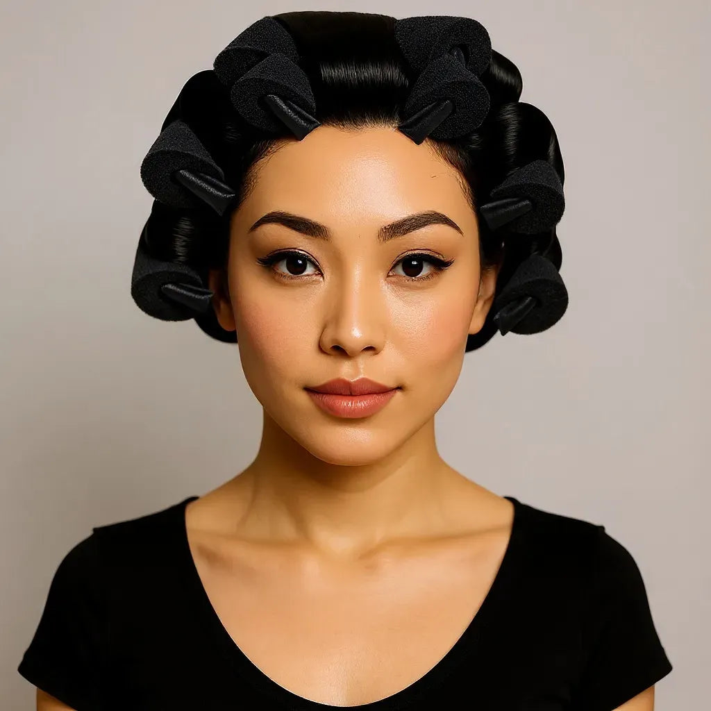 Woman wearing a black hair bonnet against a neutral background