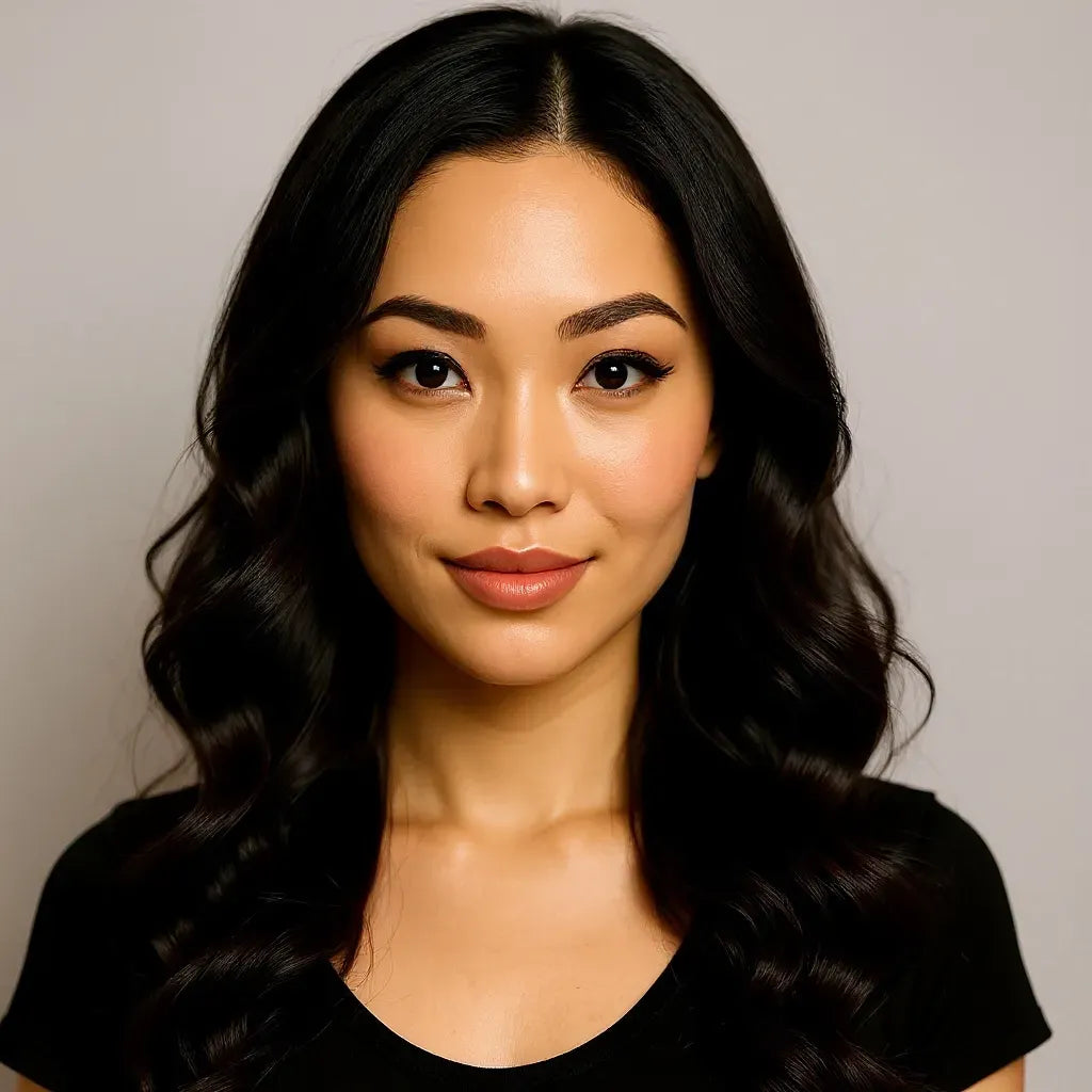 Woman with long, wavy black hair wearing a black top against a neutral background
