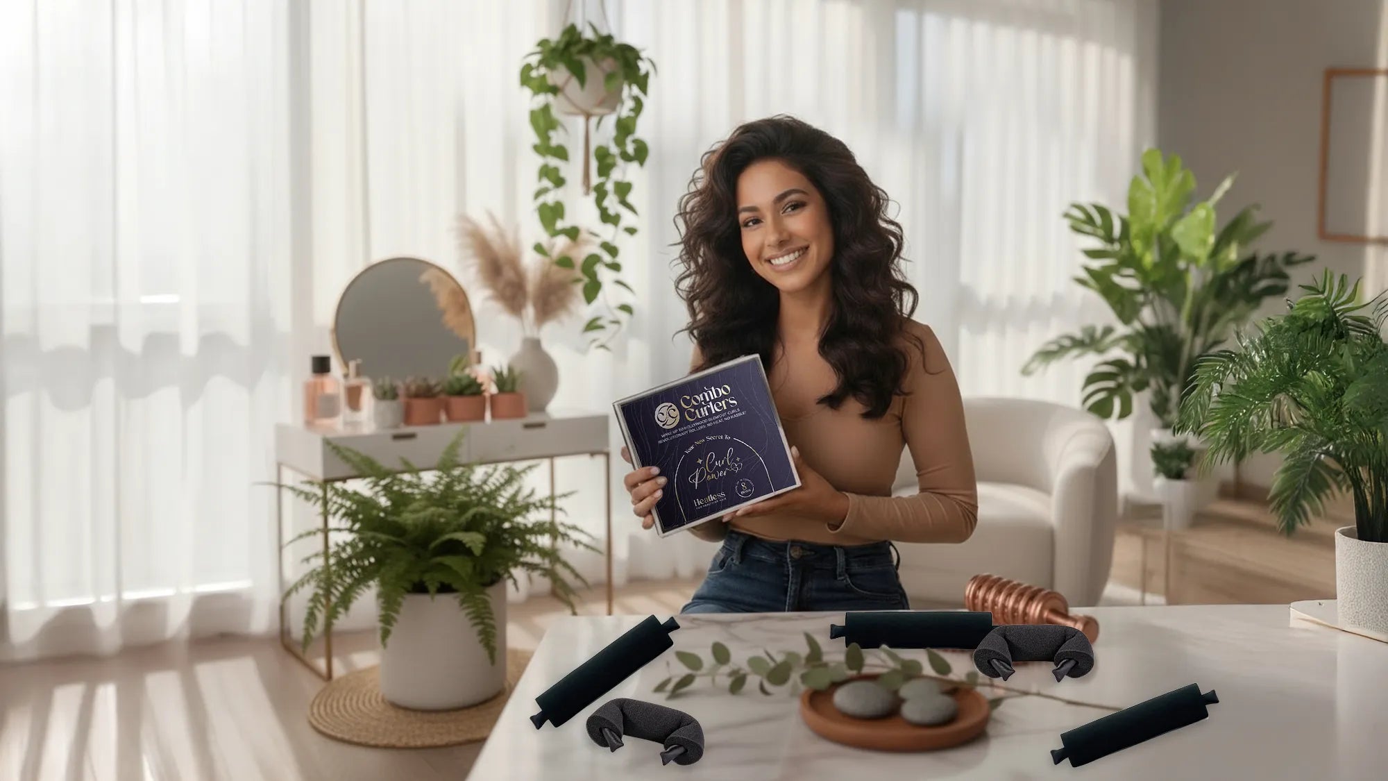 Woman holding a box of Callebaut chocolate in a bright room with plants