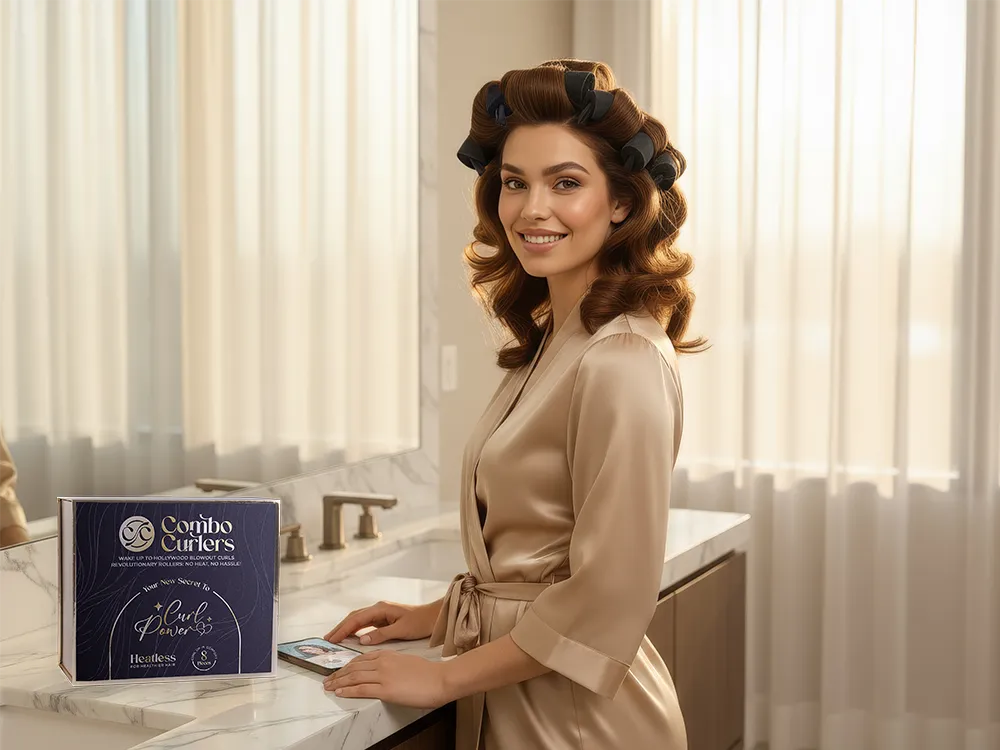 Woman with curlers in a bathroom setting, holding a phone and a box of Conair Curlers.