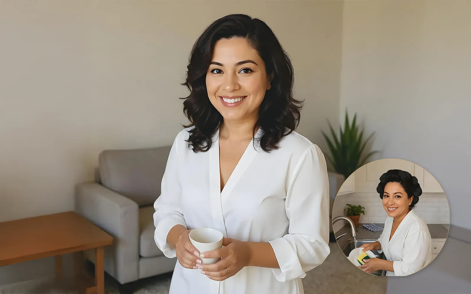 Woman in a white robe holding a cup in a living room setting