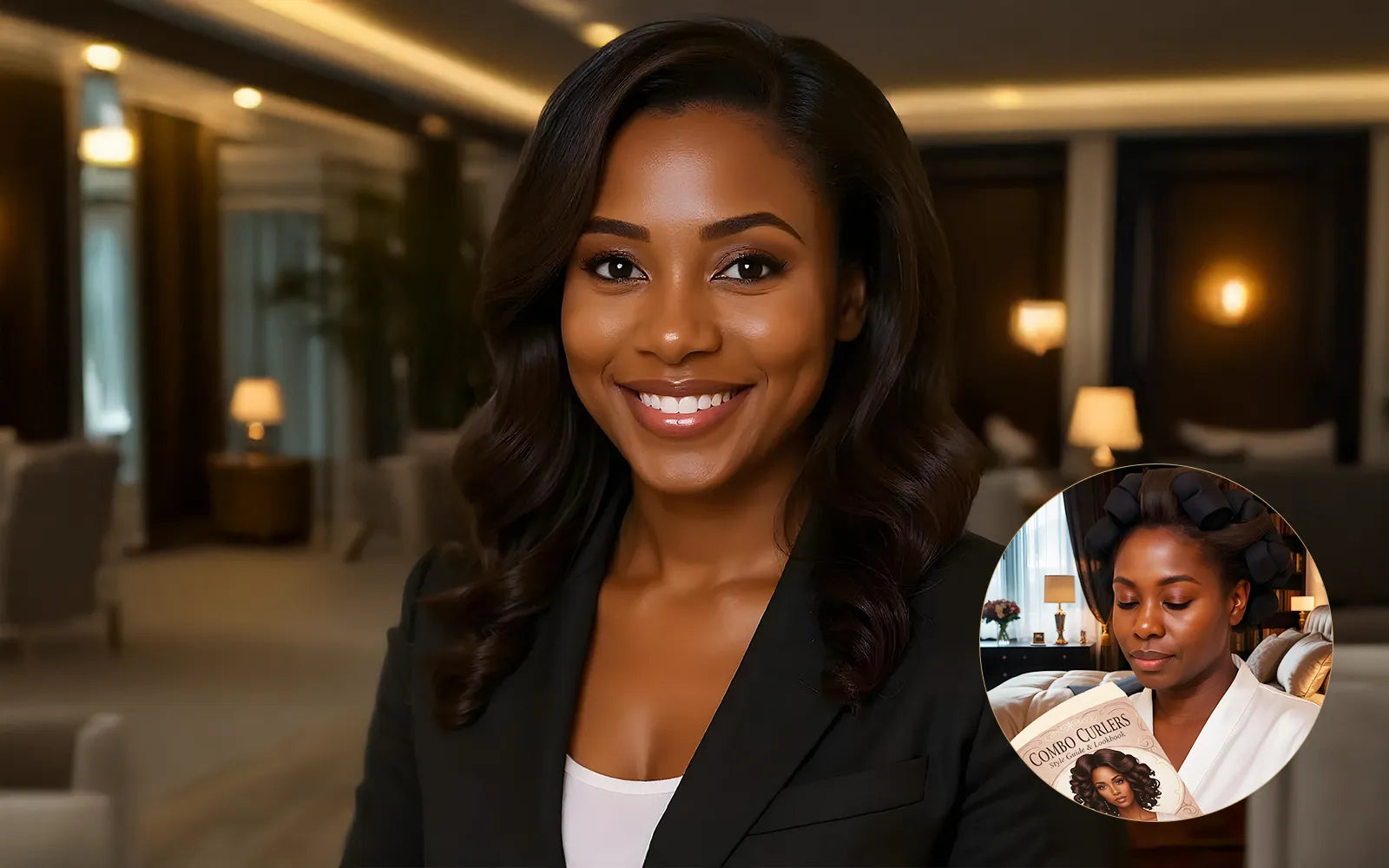 Woman in a formal setting with a close-up inset of her on a book cover.